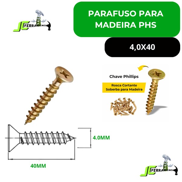PARAFUSO PARA MADEIRA PHILIPS 4,0X40 - QUANT: CAIXA COM 500 UNIDADES
