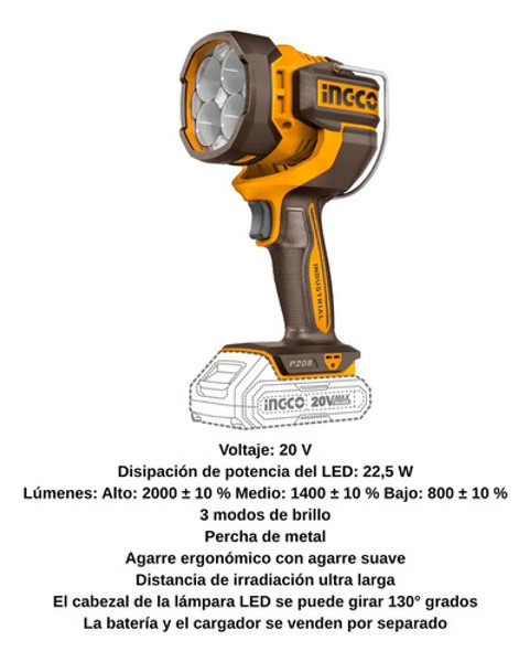 LANTERNA DE LED INGCO BATERIA 20V - 2000 LUMENS - CWLI20885