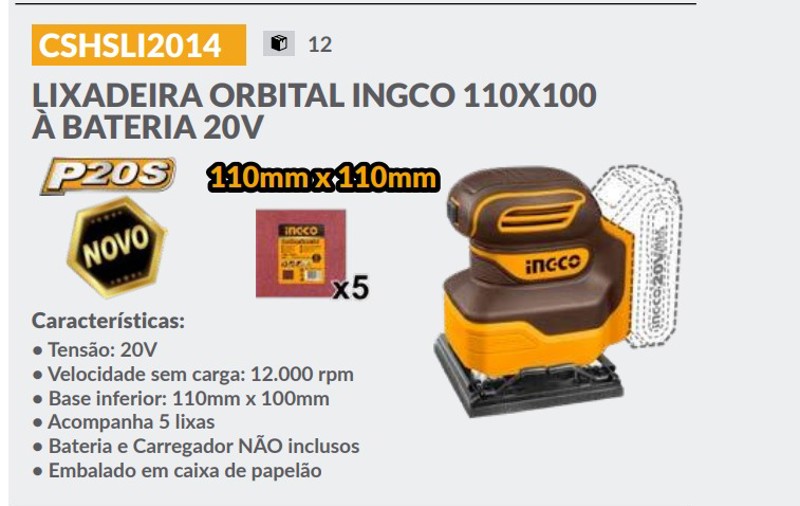 LIXADEIRA ORBITAL 180X90 BATERIA 20V INGCO - CFSLI2031