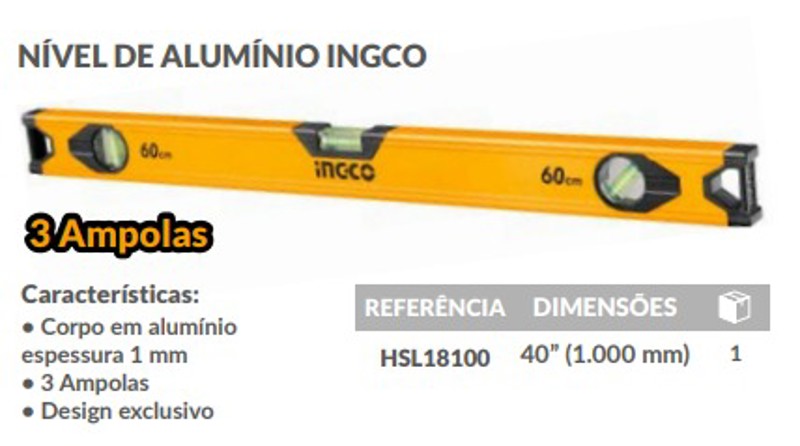 NIVEL 03 BOLHAS DE ALUMINIO COM 100CM INGCO - HSL18100