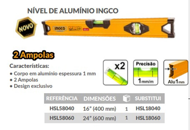 NIVEL 02 BOLHAS DE ALUMINIO COM 60CM INGCO - HSL58060