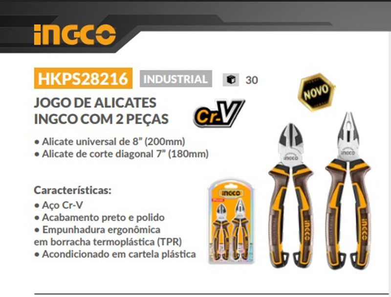 JOGO DE 02PCS COM ALICATES (UNIVERSAL E DE CORTE) INDUSTRIAIS INGCO -  HKPS28216