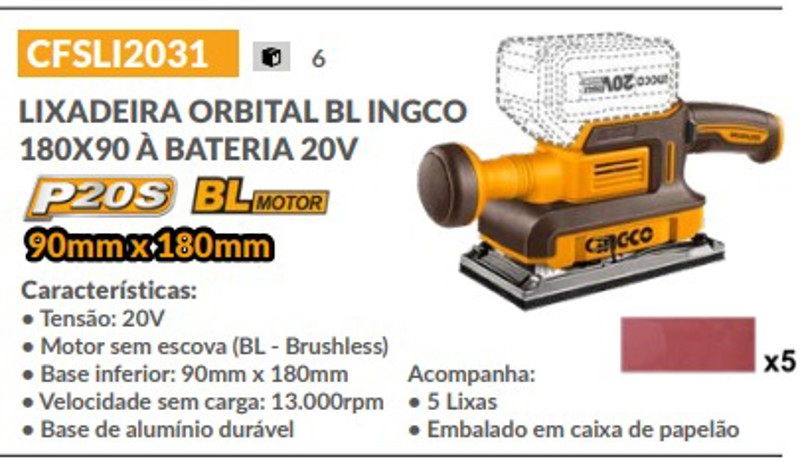 LIXADEIRA ORBITAL 180X90 BATERIA 20V INGCO - CFSLI2031