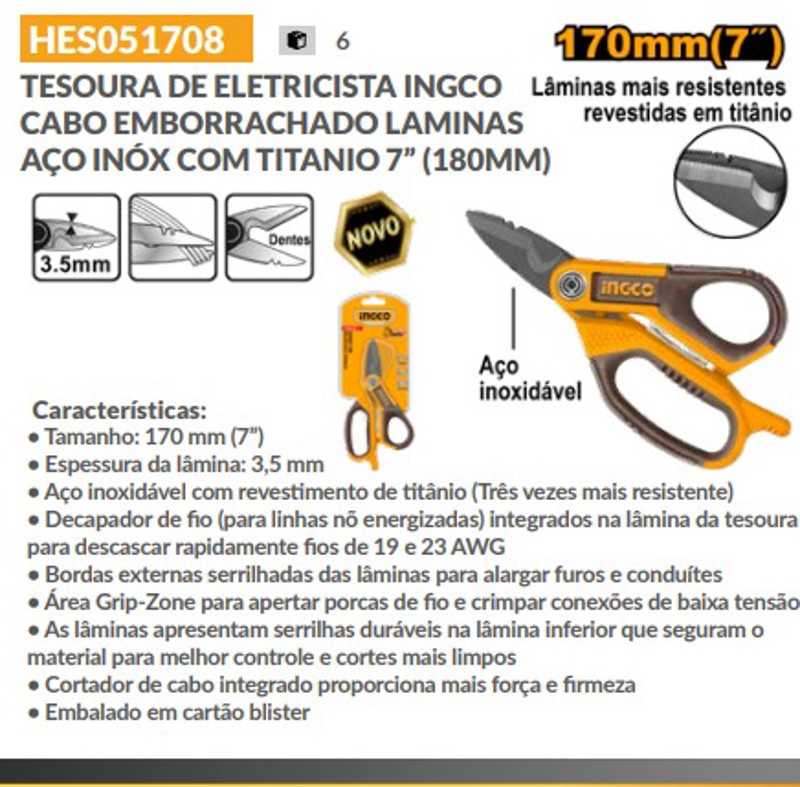 TESOURA ELETRICISTA COM CABO EMBORRACHADO E LAMINA TITANIO 7'' 180MM INGCO - HES051708