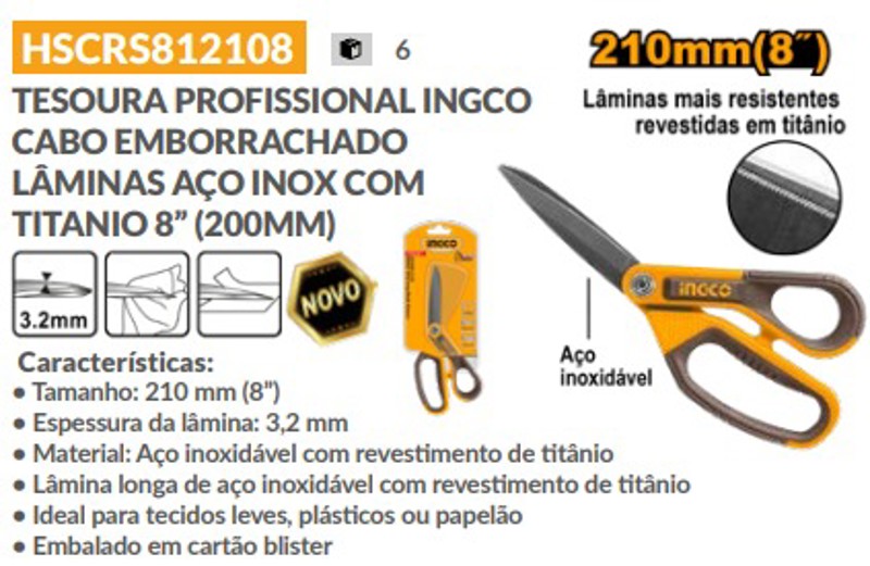 TESOURA PROFISSIONAL COM CABO EMBORRACHADO E LAMINA TITANIO 8'' 200MM INGCO - HSCRS812108