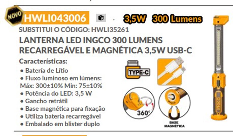 LANTERNA DE LED RECARREGAVEL E MAGNETICA INGCO - 300 LUMENS - HWLI043006