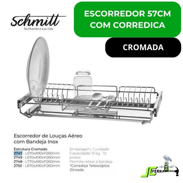 ESCORREDOR DE PRATOS COM 57CM E CORREDICA SCHMITT (A130 x L570 x P260) CROMADO - 2747