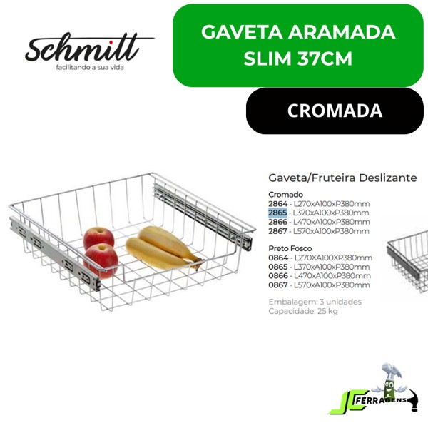 GAVETA ARAMADA SLIM COM 37CM E CORREDICA SCHMITT (A100 x L370 x P380) CROMADA - 2865