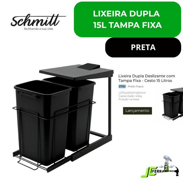 LIXEIRA DUPLA COM 15 LITROS E TAMPA FIXA SCHMITT (A510 x L375 x P460) PRETA - 0790 