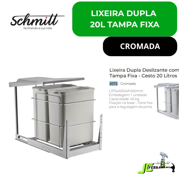 LIXEIRA DUPLA COM 20 LITROS E TAMPA FIXA SCHMITT (A510 x L375 x P460) CROMADA - 2072 