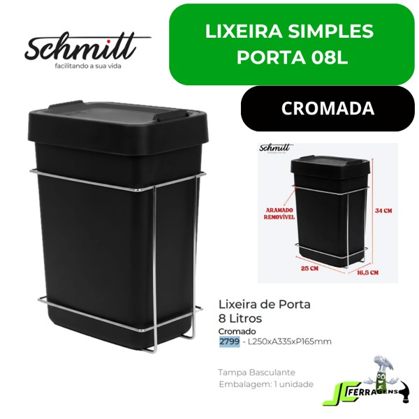 LIXEIRA SIMPLES COM 08 LITROS SCHMITT (A340 x L250 x P165) PRETA - 2799