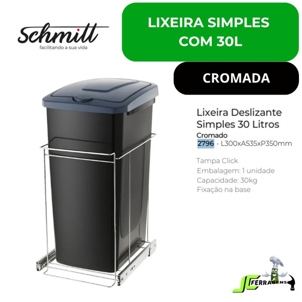 LIXEIRA SIMPLES COM 30 LITROS E TAMPA CLICK SCHMITT (A535 x L300 x P350) PRETA - 2796