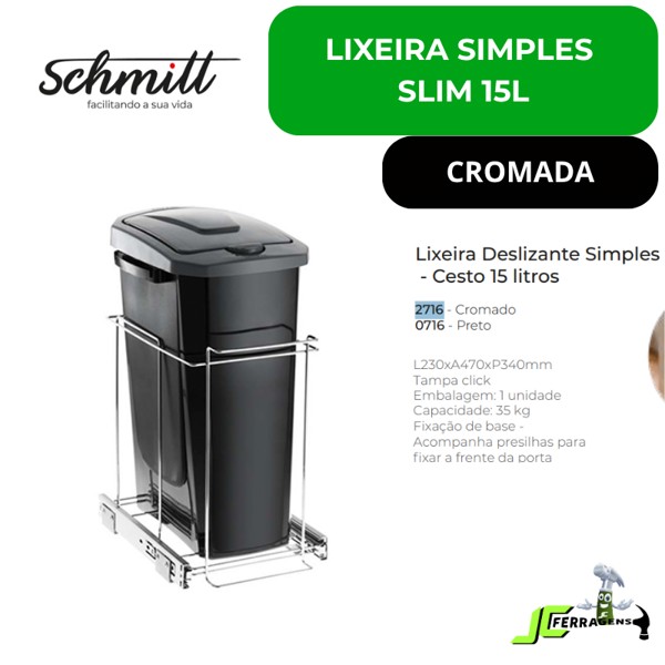 LIXEIRA SIMPLES SLIM COM 15 LITROS SCHMITT (A470 x L230 x P340) PRETA - 2716