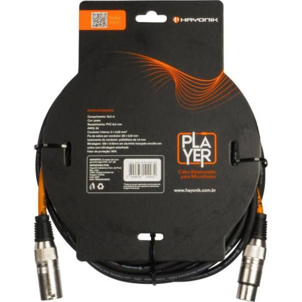 Cabo Para Microfone Player XLR(F) x XLR(M) 10m Preto Hayonik