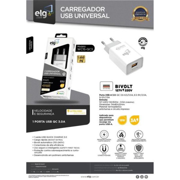 Carregador USB 3A WC1S-QC3 Branco ELG
