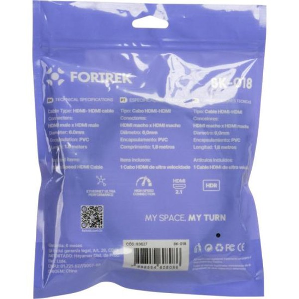 Cabo HDMI 2.1 8K 1,8m Preto 8K-018 Fortrek