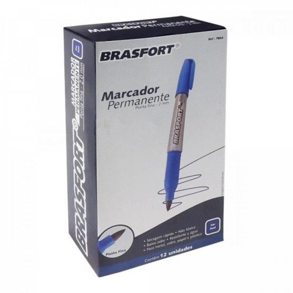 Caneta Marcador Permanente Ponte Fina Azul BRASFORT - CX / 12