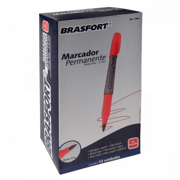 Caneta Marcador Permanente Ponta Fina Vermelha BRASFORT - CX / 12