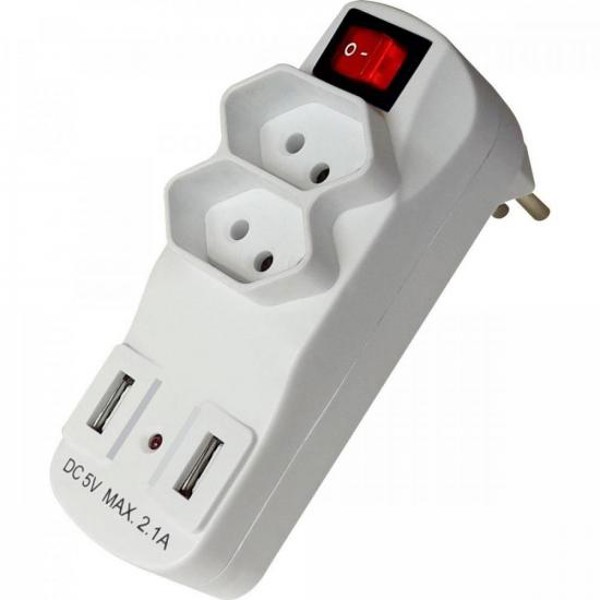 Adaptador 3P 10A com 2T + 2 USB 2,1A MEGATRON