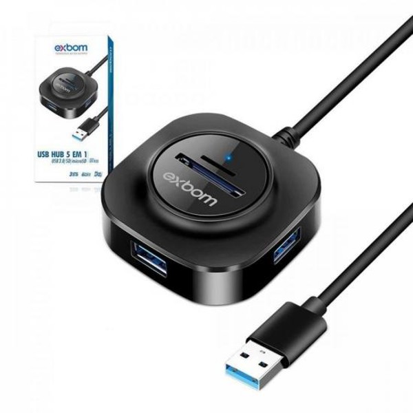 HUB USB 3 Portas USB 3.0 + 2 portas Cartão SD Exbom UH-R33 Preto