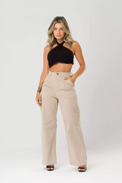 Calça Wide Leg Sarja Elastano Livia Caqui