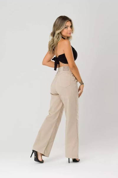Calça Wide Leg Sarja Elastano Livia Caqui