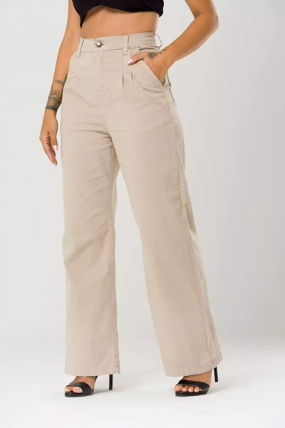 Calça Wide Leg Sarja Elastano Livia Caqui