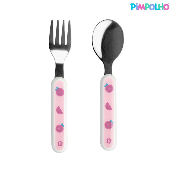 KIT TALHER INFANTIL COLHER E GARFO EM INOX FEM PIMPOLHO ROXO/FRUTINHA