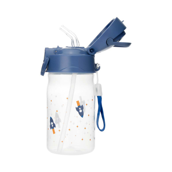 COPO COM CANUDO DE SILICONE 370ML MASC PIMPOLHO AZUL/FOGUETE