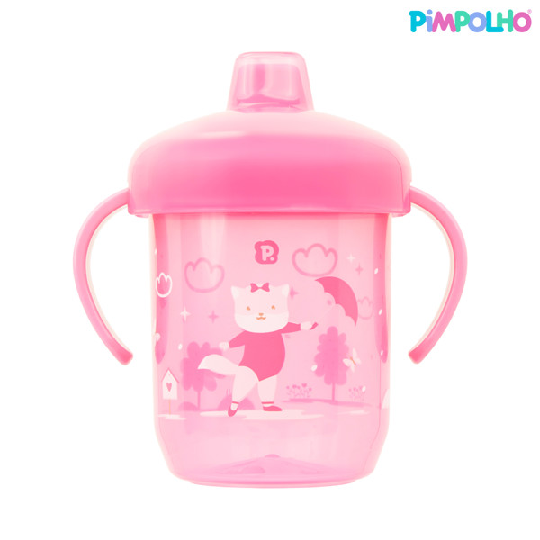 COPO DE TREINAMENTO BICO RIGIDO C/ALCA E TAMPA 240ML FEM PIMPOLHO ROSA/GATO