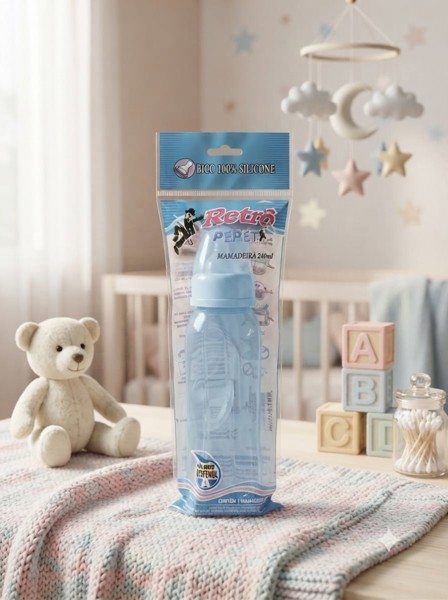 MAMADEIRA RETRO REDONDA DE SILICONE 240 ML PEPETA 901001 azul