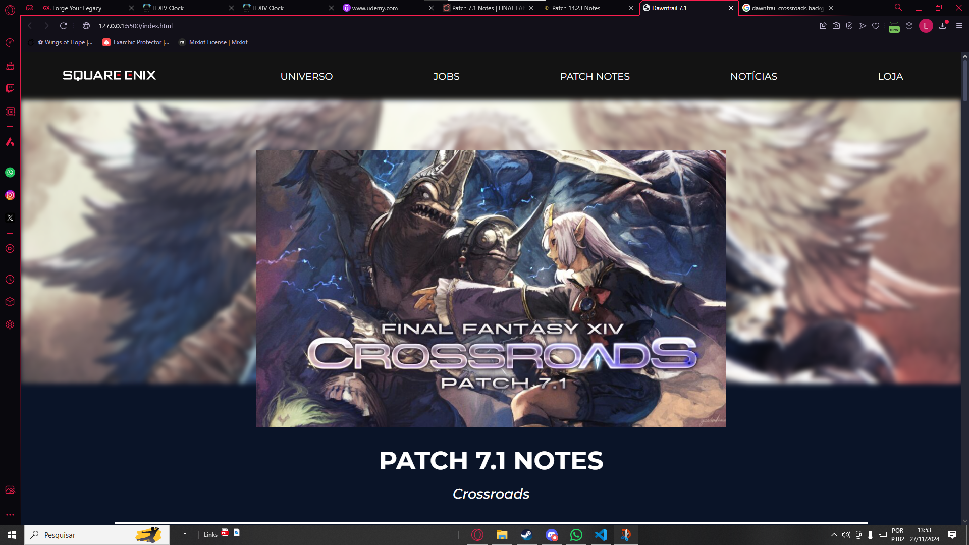 Imagem da entrada do site de atualizações de Final Fantasy