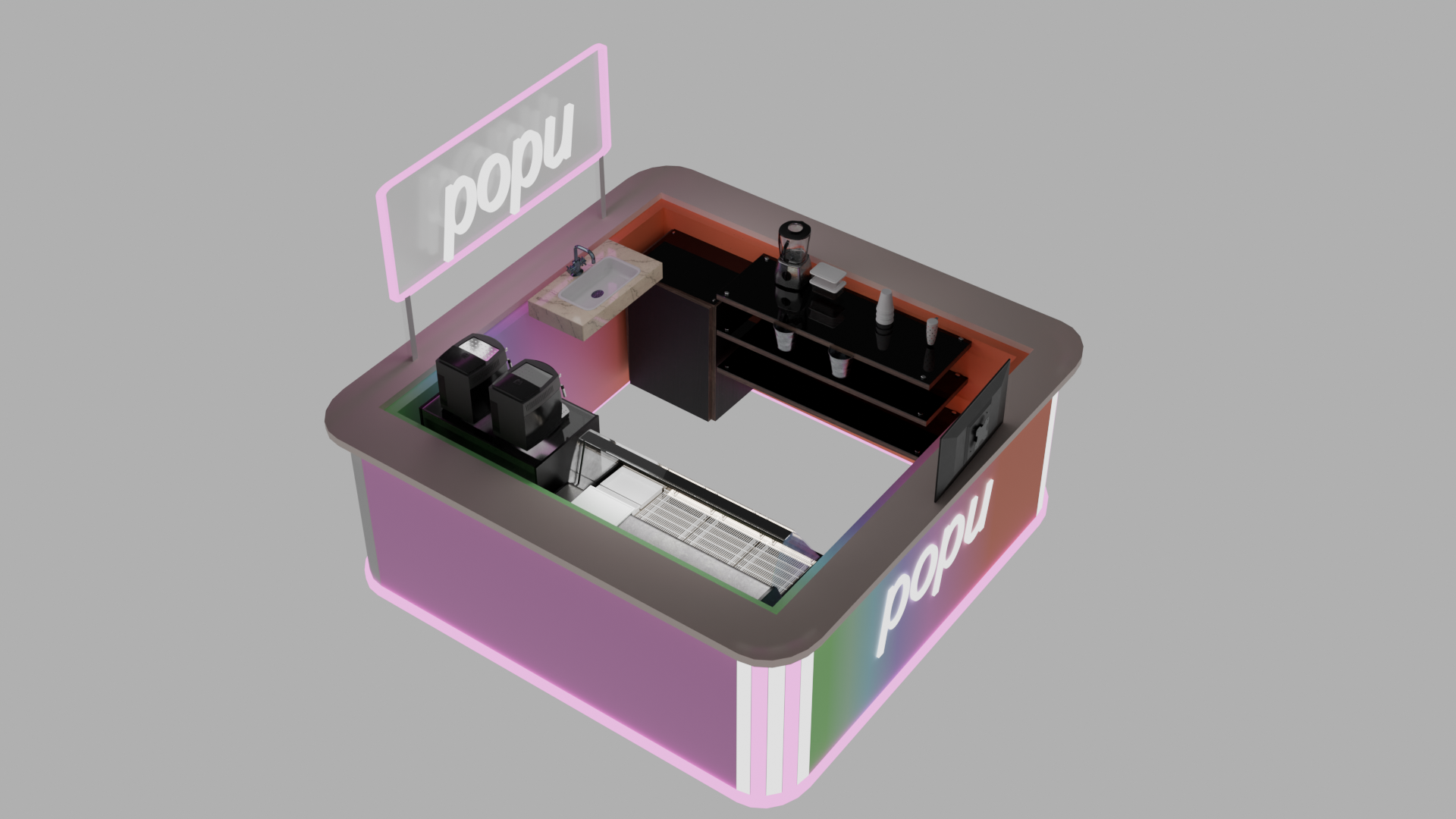 Renderização 3d de quiosque de shopping.
