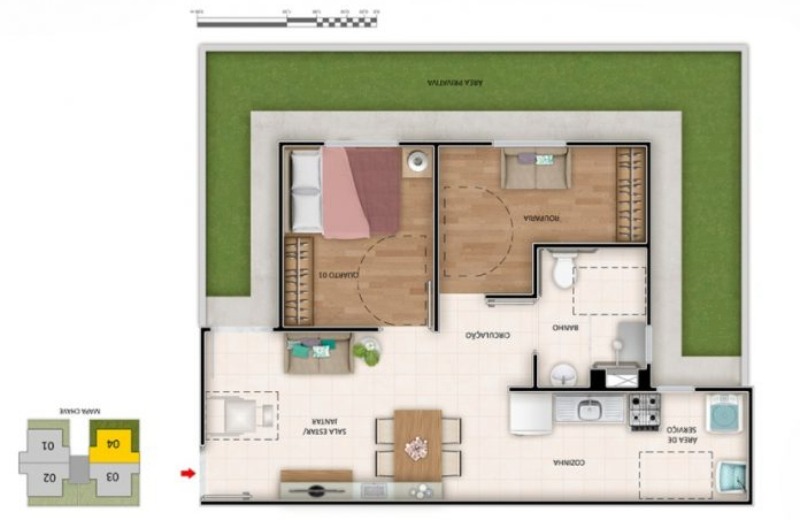 Total Ville Santa Maria - Apartamento 2 quartos térreo, com quintal e já foi feito o fechamento da cobertura na parte externa, com área de serviço. Ap