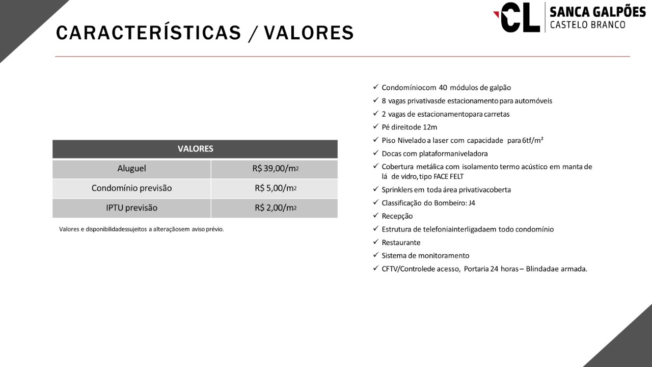 Centro Logístico em Barueri no Km 22 da Rodovia Castelo Branco 12m de pé-direito, docas, sprinkler e segurança 24h