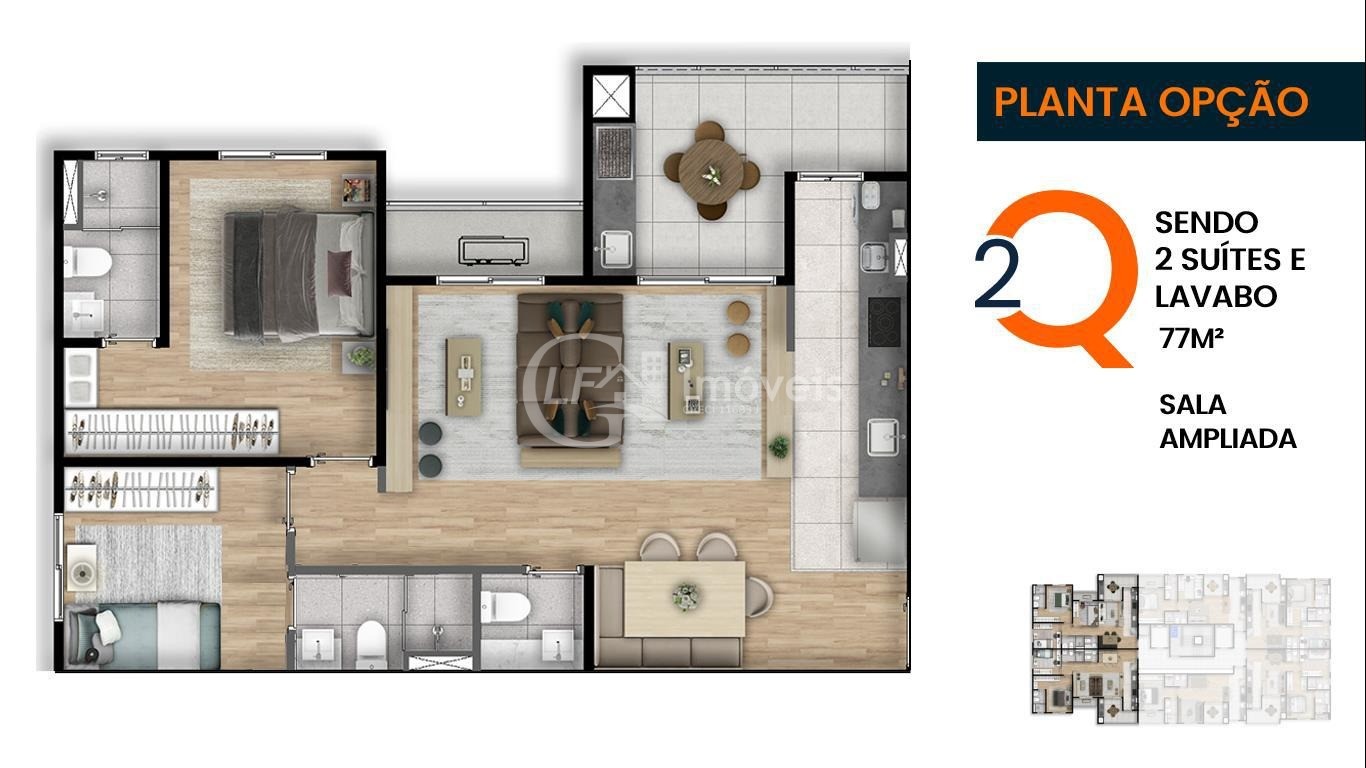 Apto na Planta - 3 opções diferentes com até 3 Quartos