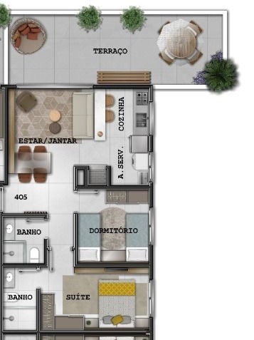 Apto 2 Dormitorios com terraço
