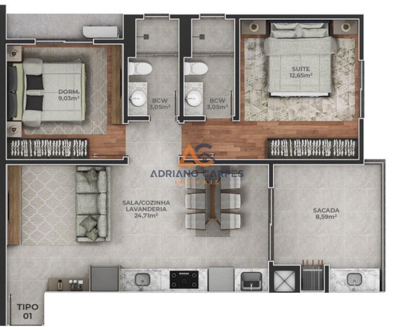 Apartamento com 02 dormitórios sendo 1 suíte, localizado no 