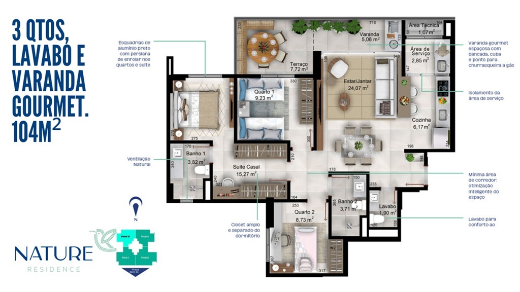 Quadra 105 Águas Claras Nature Residence 1 Suítes 2 Vagas Lazer completo 96 m²