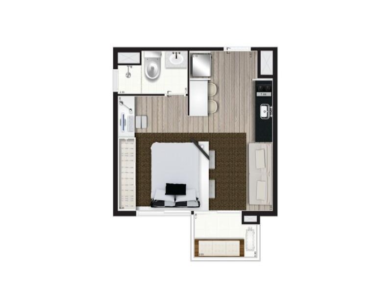 O Studio possui 35 metros quadrados com terraço e 1 vaga de garagem.I