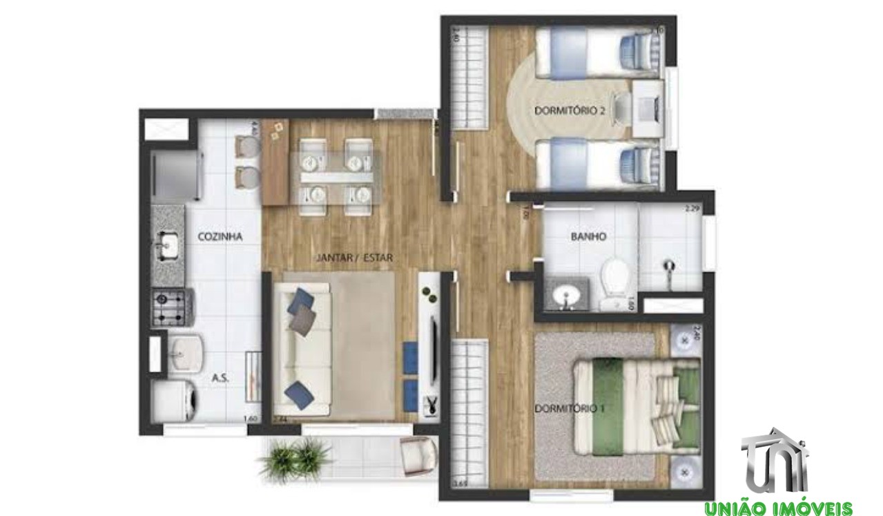 Apartamento à Venda no Residencial Villagio Jaguari, Bairro do Uberaba, Bragança Paulista-SP 2 Quartos, 1 Sala, 1 Banheiro