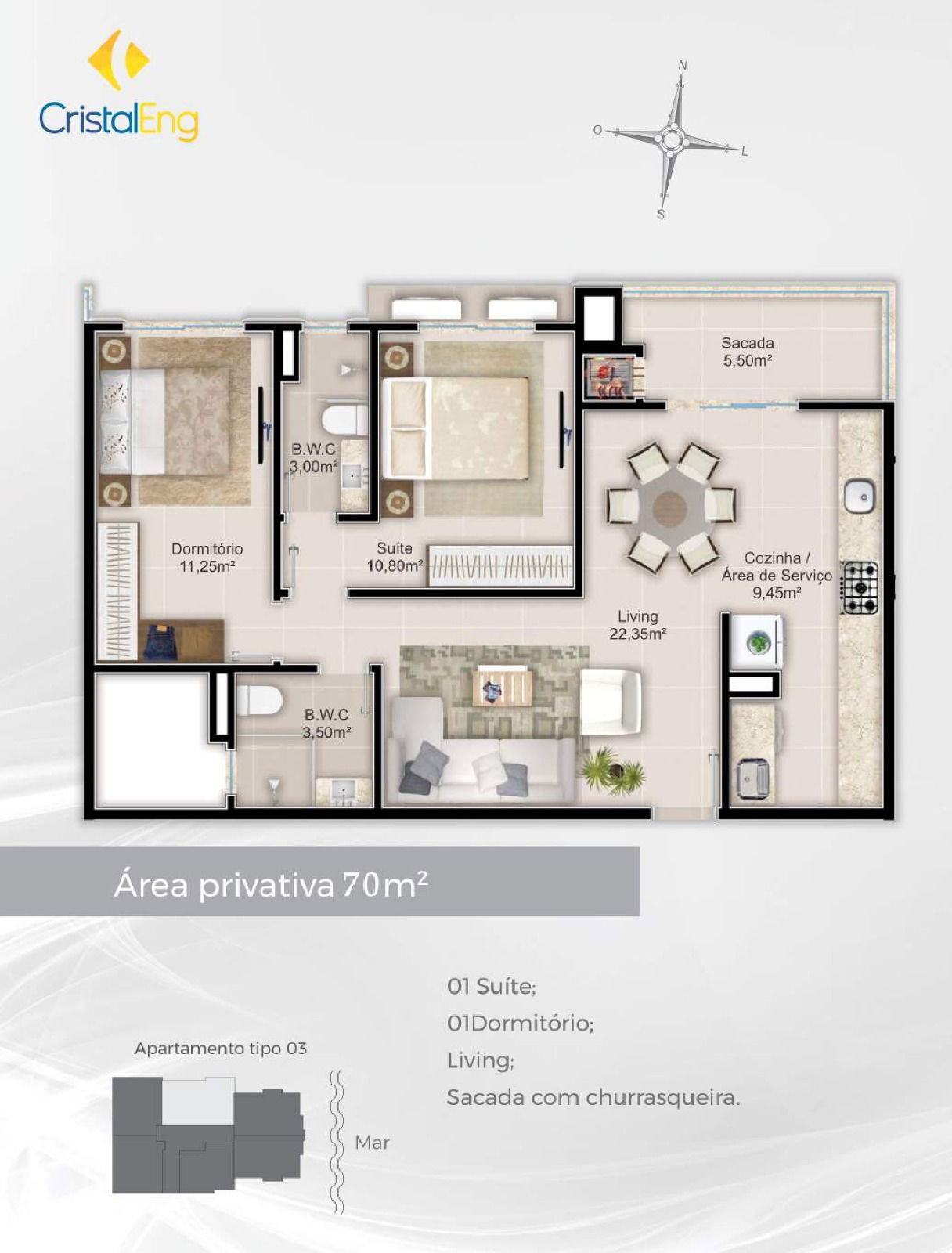 Apto em Construção em Itapema/SC bairro Tabuleiro, com 70m² área privativa, com 2 dormitórios sendo 1 suíte, 1vaga de garagem, área de lazer completa