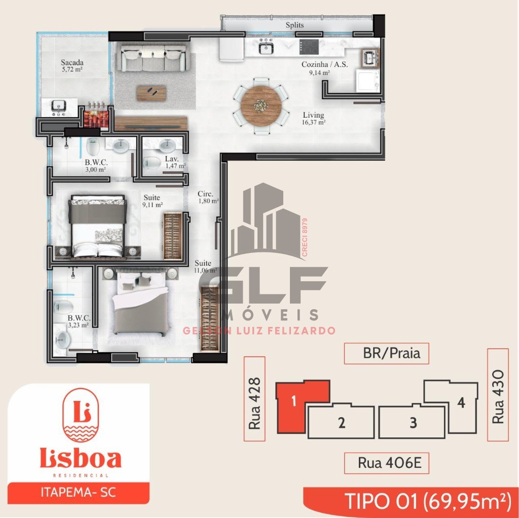 Apto Pronto em Itapema/SC com 69,95m² área privativa sendo 2 suítes, 1 vaga de garagem, área de lazer completa no Rooftop