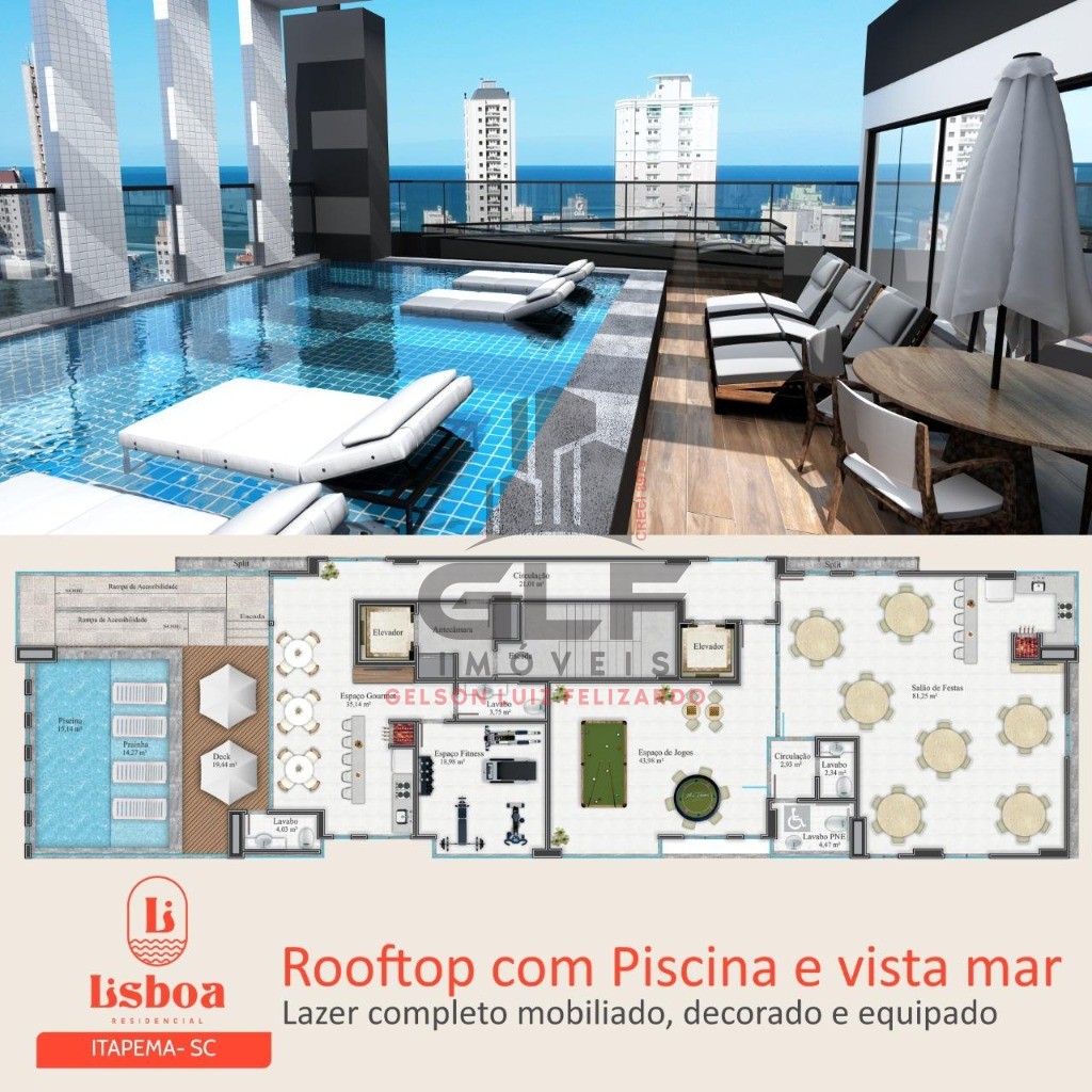 Apto Pronto em Itapema/SC com 69,95m² área privativa sendo 2 suítes, 1 vaga de garagem, área de lazer completa no Rooftop