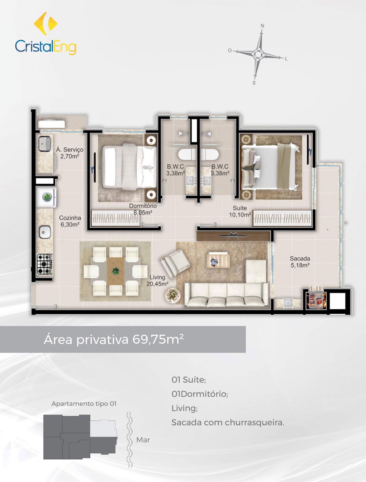 Apto em Construção em Itapema/SC bairro Tabuleiro, com 70m² área privativa, com 2 dormitórios sendo 1 suíte, 1vaga de garagem, área de lazer completa