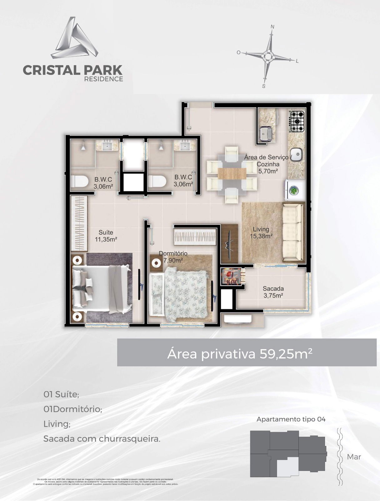 Apto em Construção em Itapema/SC bairro Tabuleiro, com 70m² área privativa, com 2 dormitórios sendo 1 suíte, 1vaga de garagem, área de lazer completa