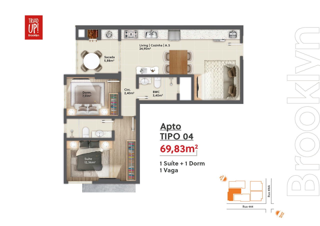 Apartamento em Construção em Itapema/SC com 70m² área privativa sendo 2 dormitórios e 1 suíte, área de lazer completa