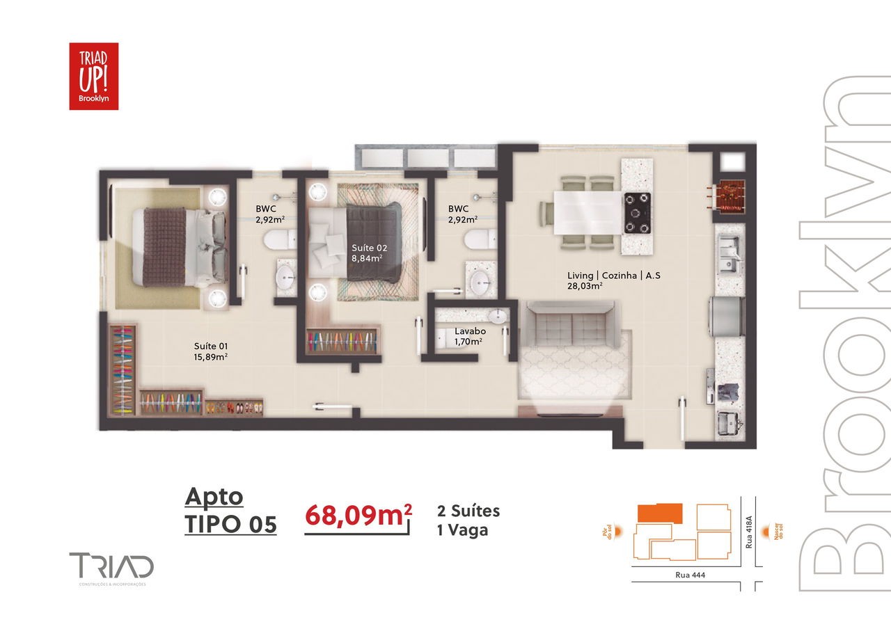 Apartamento em Construção em Itapema/SC com 70m² área privativa sendo 2 dormitórios e 1 suíte, área de lazer completa