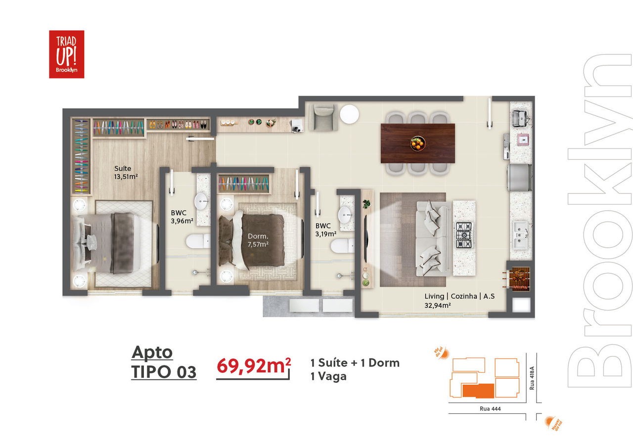 Apartamento em Construção em Itapema/SC com 70m² área privativa sendo 2 dormitórios e 1 suíte, área de lazer completa