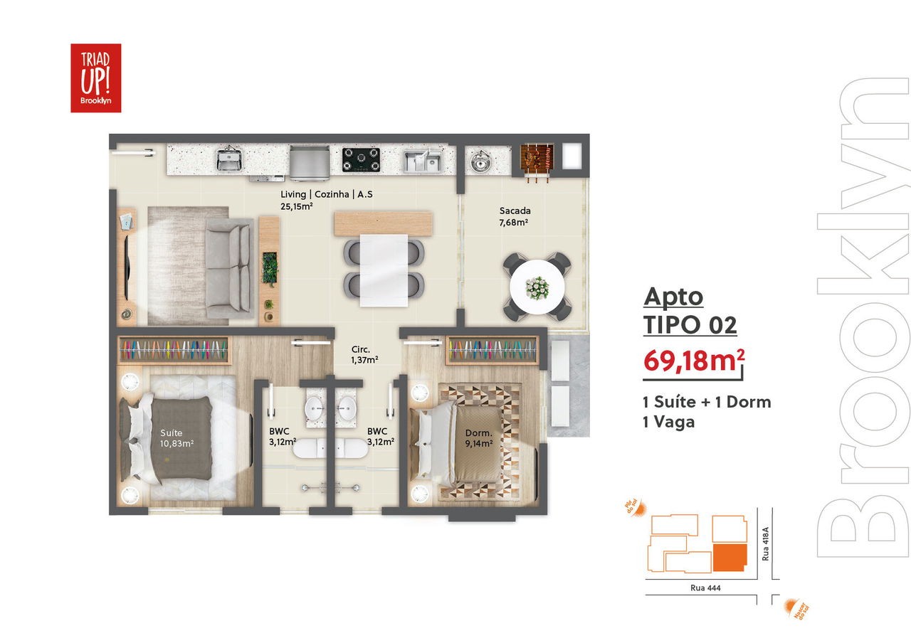 Apartamento em Construção em Itapema/SC com 70m² área privativa sendo 2 dormitórios e 1 suíte, área de lazer completa